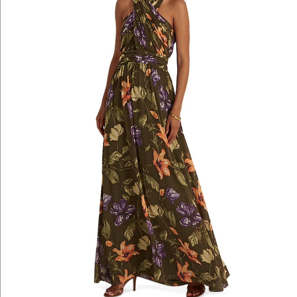 NWT Ralph Lauren Olive Green Floral Halter Maxi Dress